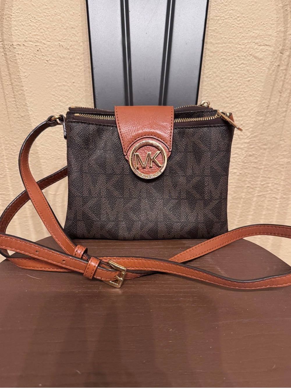 Michael Kors Brown Signature Crossbody with Tan Leather Trim